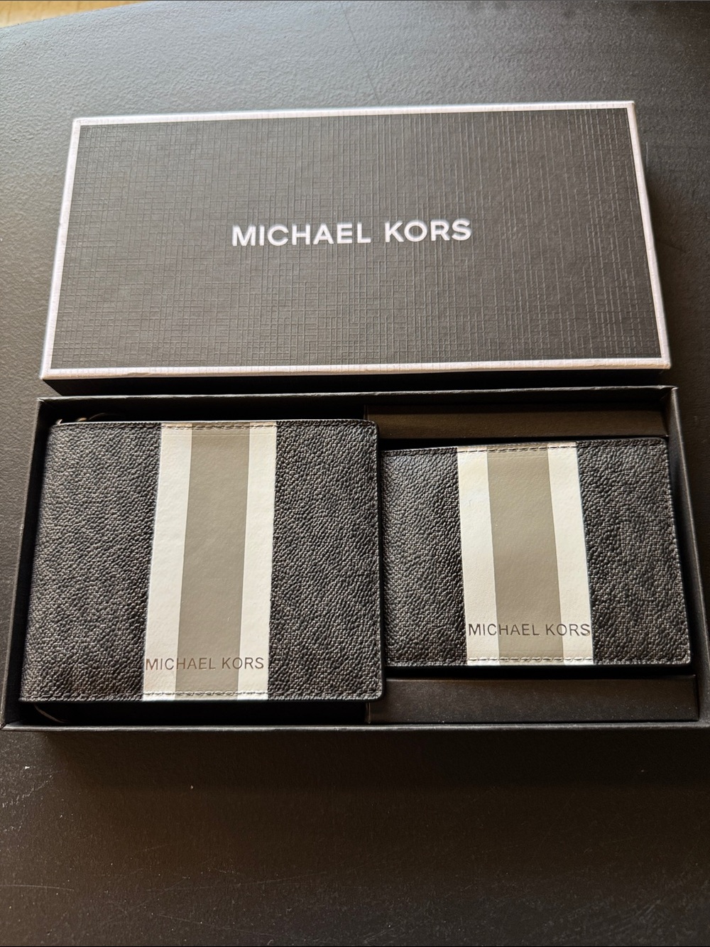 Michael Kors Black Leather Wallet Set with Gray and Cream Stripe